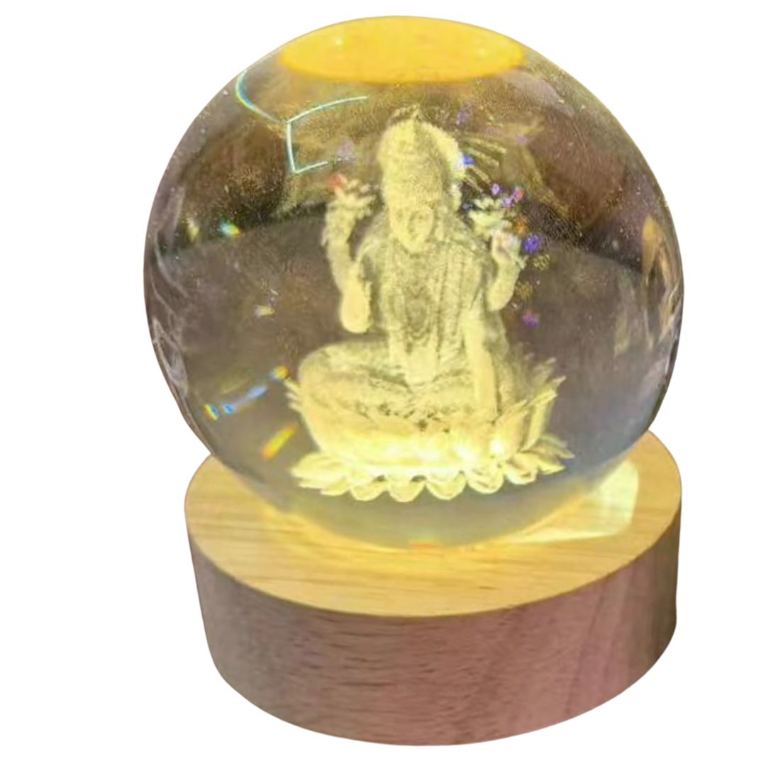 Maa Laxmi Goddess Laxmi 3D Crystal Ball Lamp - 60MM USB Table Lamp with LED Wooden Base, for Home Decoration & Birthday Gifts Diwali Good Luck